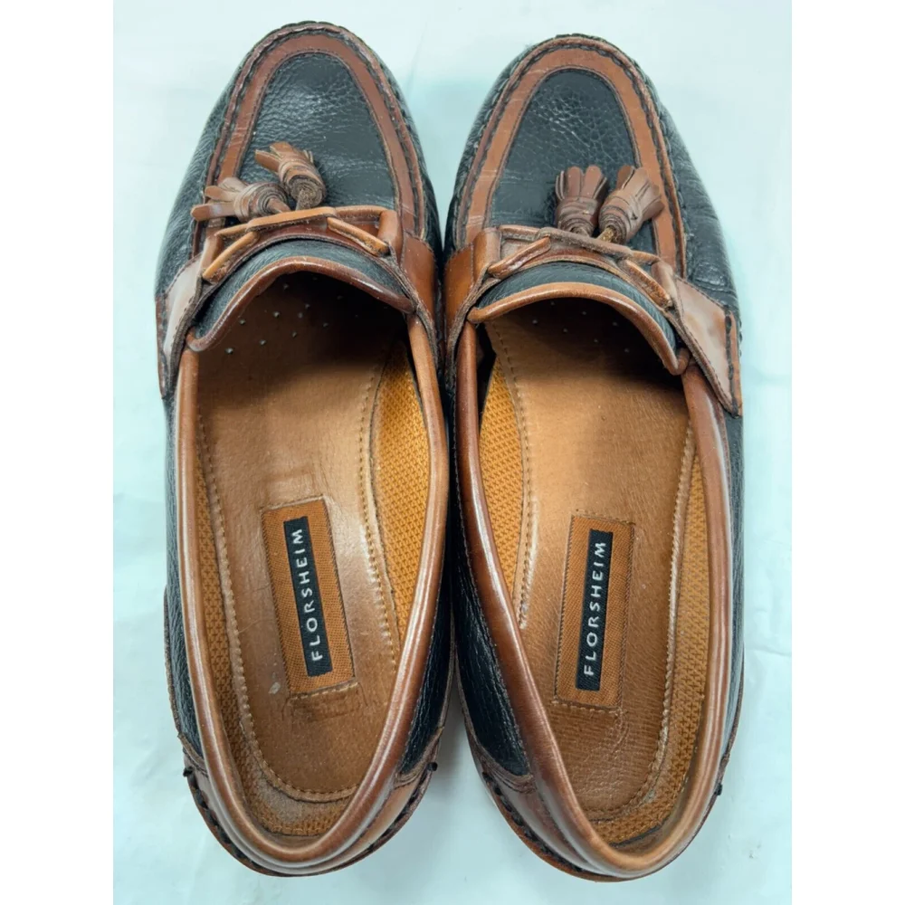 Florsheim Men Loafers Tassel Sz 10 D Leather Black Pebble-Grain Brown Trim Shoes